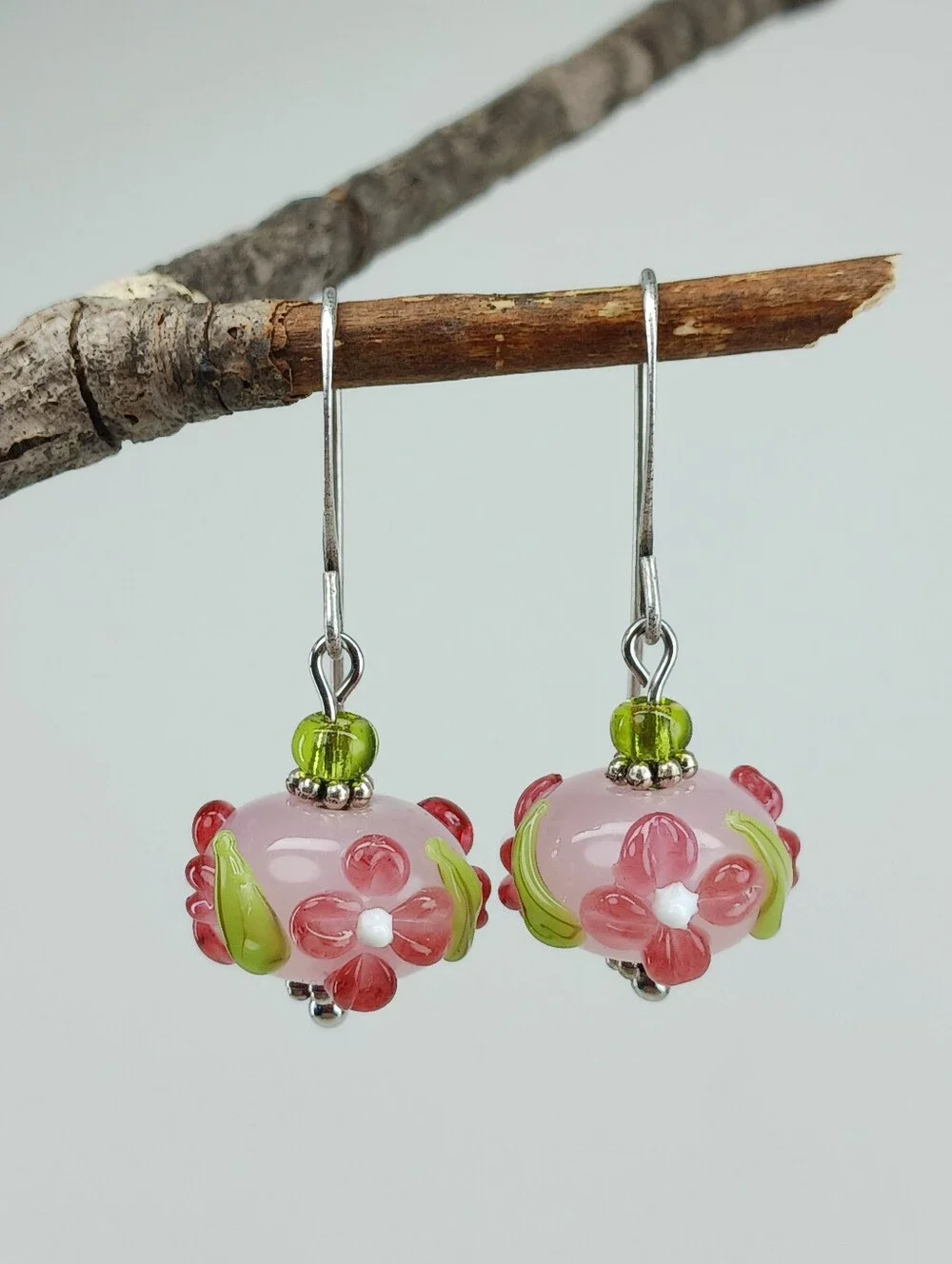Pink Lampwork Glass Flower Earrings Cottage Garden Artisan Hand Crafted - Picture 4 of 6